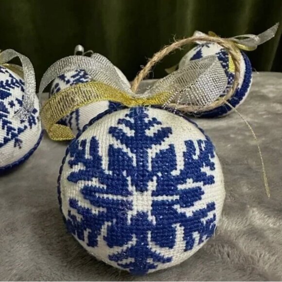 Set of 6 Handcrafted Embroidered Christmas Ornaments–Blue and White Nordic Style - Picture 6 of 13